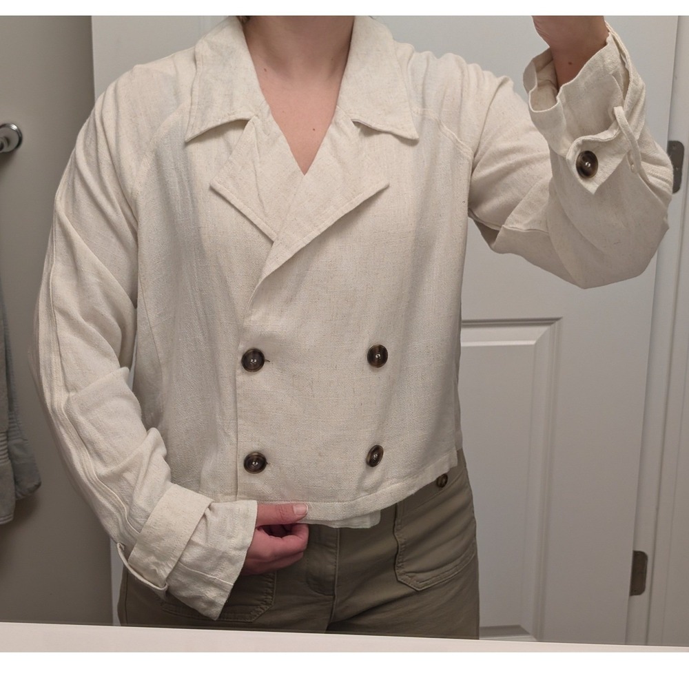Hem & Thread Cropped Double Breasted Linen Blend Cropped Jacket Size Medium